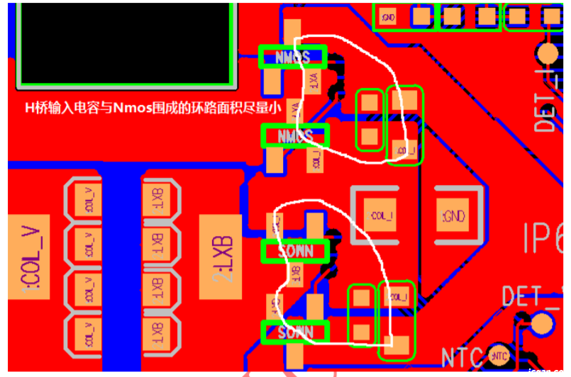 ip6808无线充电芯片H桥的输入电容与桥臂上的Nmos所组成的环路面积应尽量小。